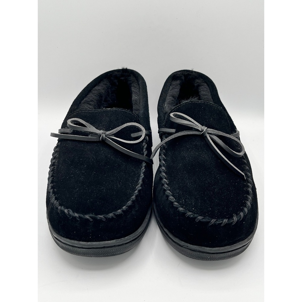 MyPillow MySlippers Men Size 11 Black Suede Leather Moccasin Faux Fur Slippers